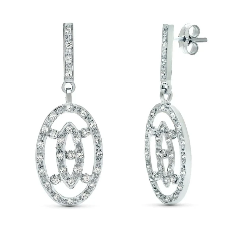 Pendientes largos oro blanco 18k mujer 38 mm. ovalados circonitas cal