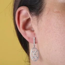 Pendientes largos oro blanco 18k mujer 38 mm. ovalados circonitas cal