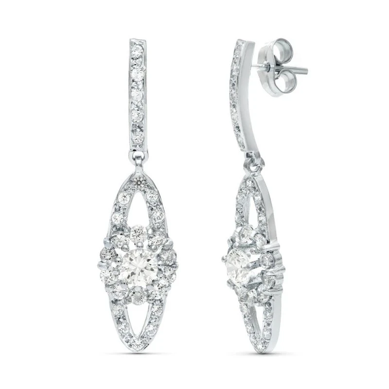 Pendientes largos oro blanco 18k mujer  35 mm. ovalados circonitas bo