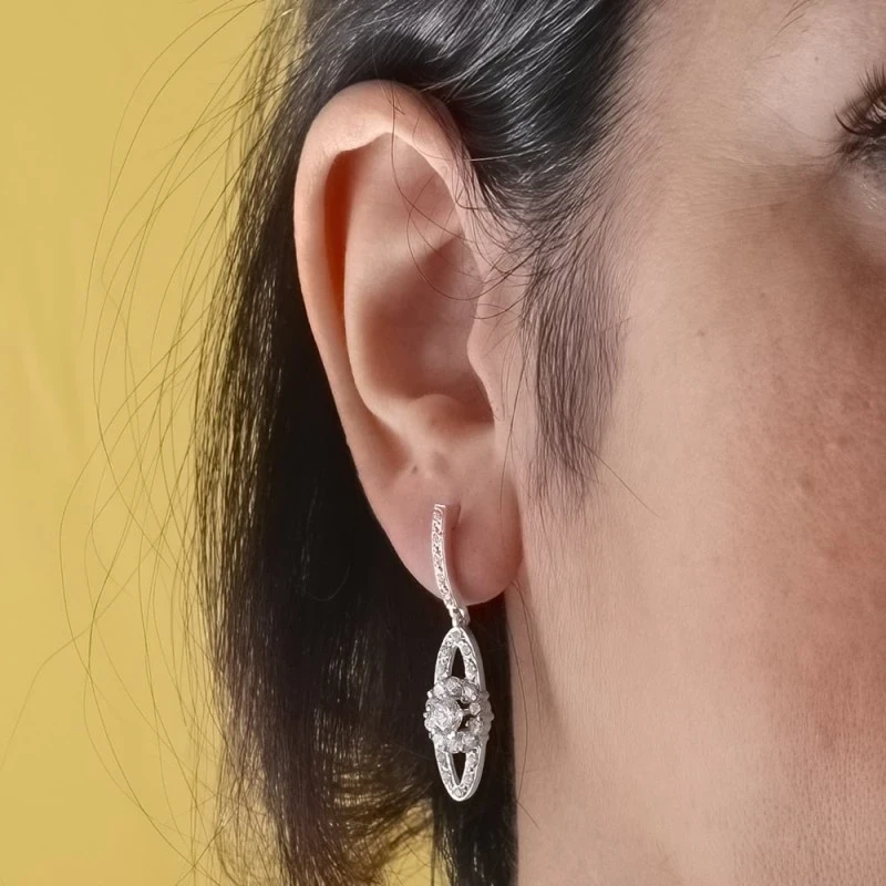 Pendientes largos oro blanco 18k mujer  35 mm. ovalados circonitas bo