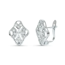 Pendientes oro blanco 18k mujer 15 mm. forma rombo calado circonitas