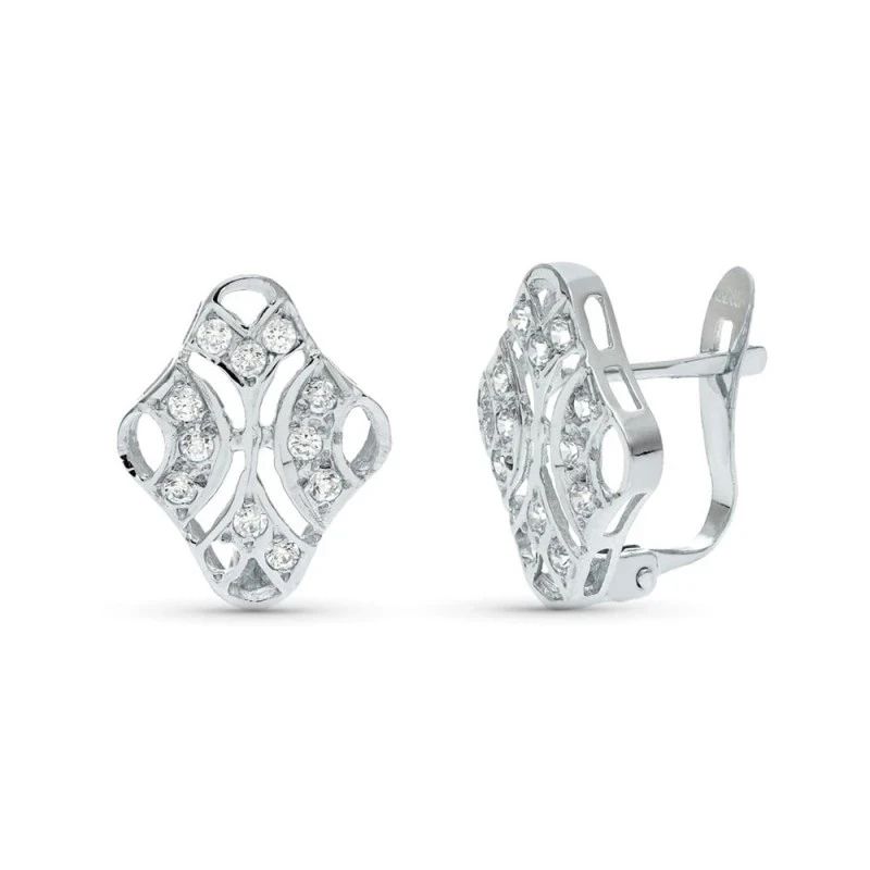 Pendientes oro blanco 18k mujer 15 mm. forma rombo calado circonitas
