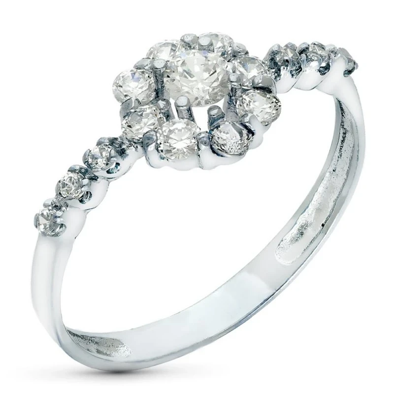 Sortija oro blanco 18k mujer cabeza redonda circonitas centro lateral