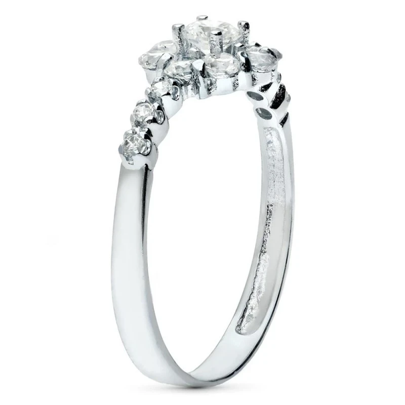 Sortija oro blanco 18k mujer cabeza redonda circonitas centro lateral