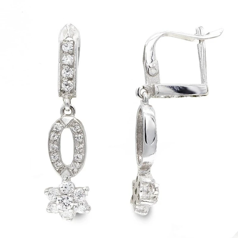 Pendientes largos oro blanco 18k mujer tres cuerpos circonitas barra