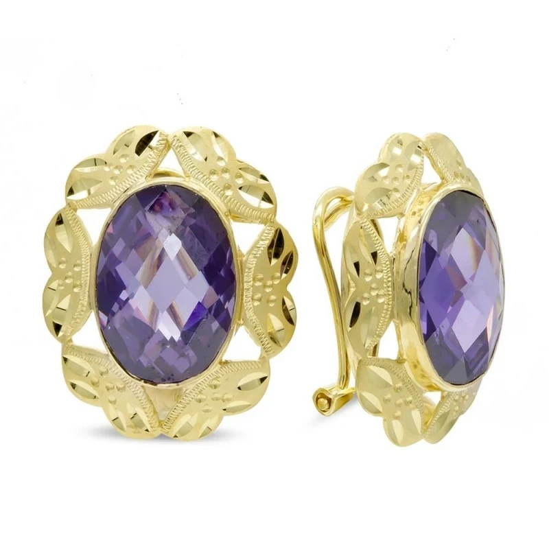 Pendientes oro 18k mujer piedra amatista 14 mm. centro detalles talla