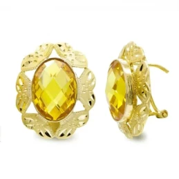 Pendientes oro 18k mujer piedra topacio 14 mm. centro detalles tallad