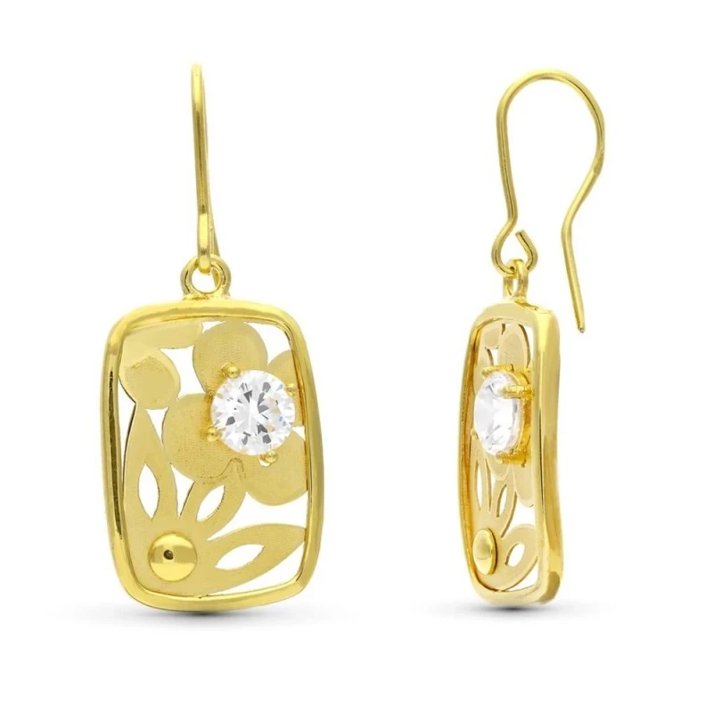 Pendientes largos oro 18k mujer 22 mm. forma rectangular circonita fl