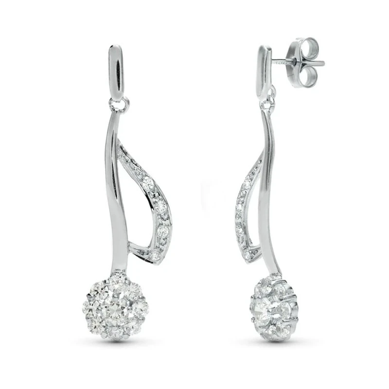 Pendientes largos oro blanco 18k mujer 35 mm. formas onduladas circon