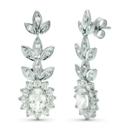 Pendientes largos oro blanco 18k mujer 33 mm. forma hojas circonitas