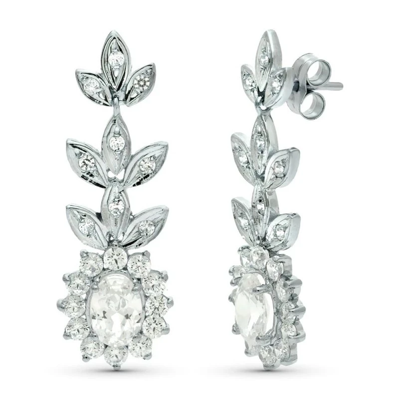 Pendientes largos oro blanco 18k mujer 33 mm. forma hojas circonitas