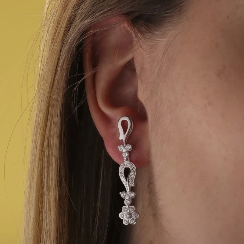 Pendientes largos oro blanco 18k mujer 42 mm. circonitas formas combi