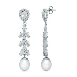 Pendientes largo oro blanco 18k mujer 47 mm. dos cuerpos circonitas f