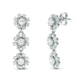 Pendientes largos oro blanco 18k mujer 28 mm. tres cuajos circonitas