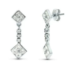 Pendientes largos oro blanco 18k mujer 23 mm. dos rombos circonitas c
