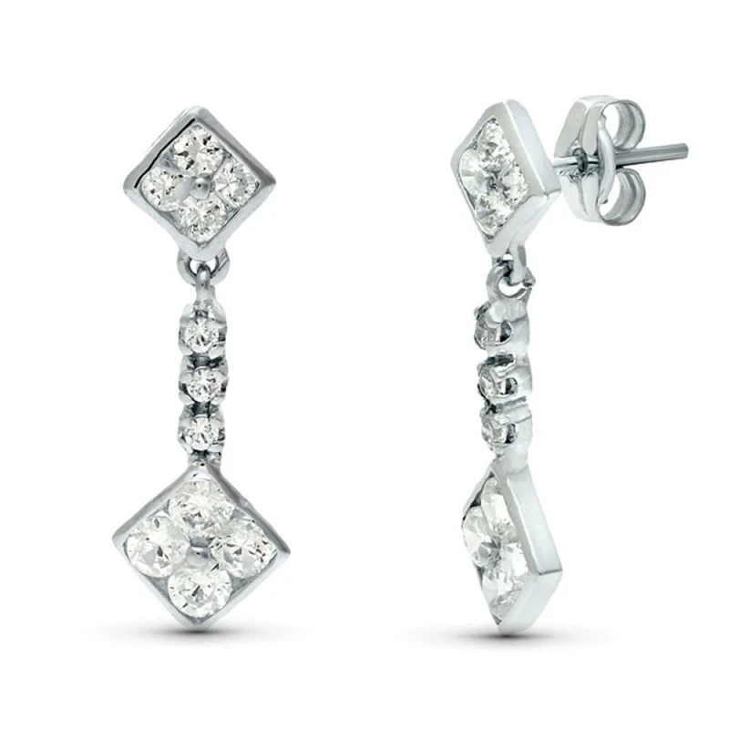 Pendientes largos oro blanco 18k mujer 23 mm. dos rombos circonitas c