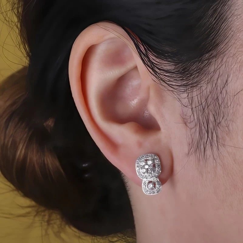 Pendientes oro blanco 18k mujer 15 mm. circonitas dos cuadrados esqui