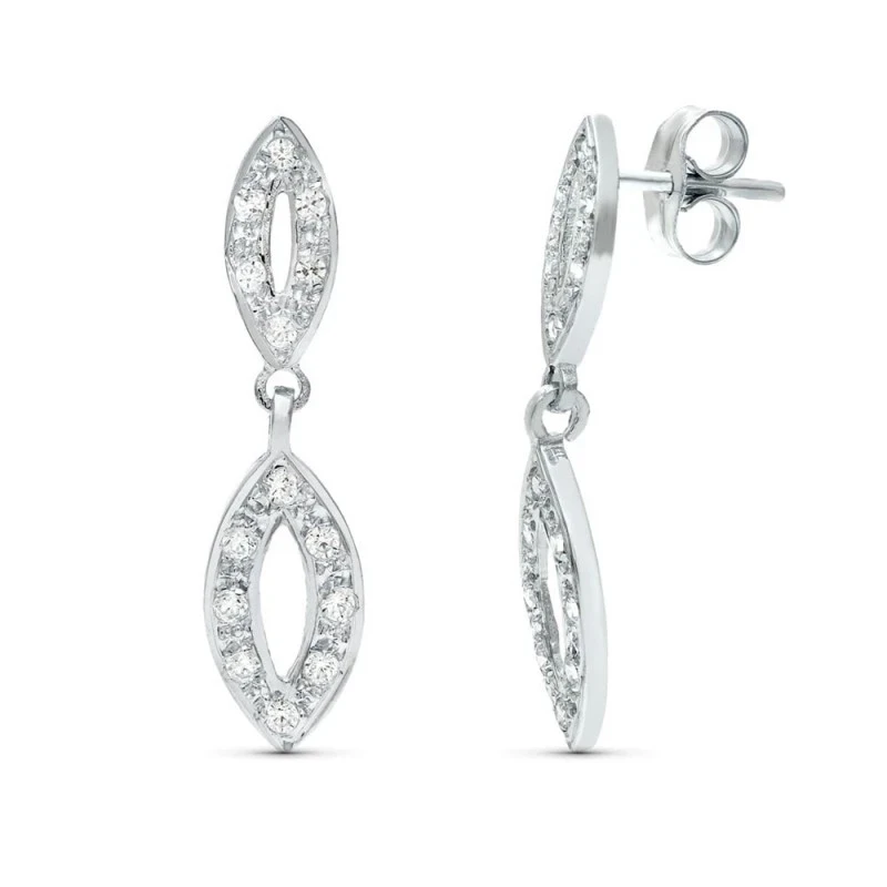 Pendientes oro blanco 18k mujer 25 mm. circonitas dos cuerpos ovalado