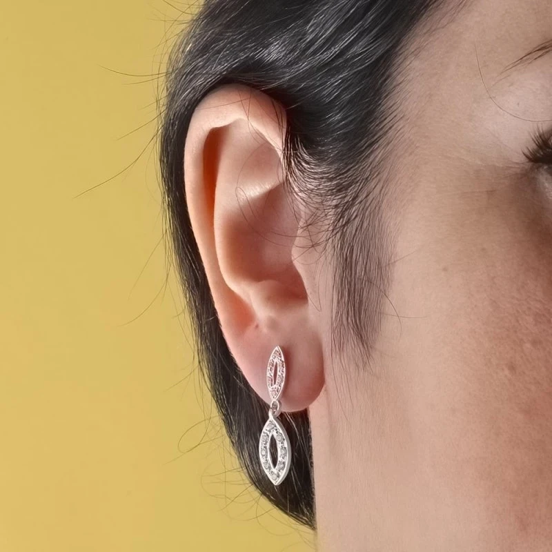 Pendientes oro blanco 18k mujer 25 mm. circonitas dos cuerpos ovalado
