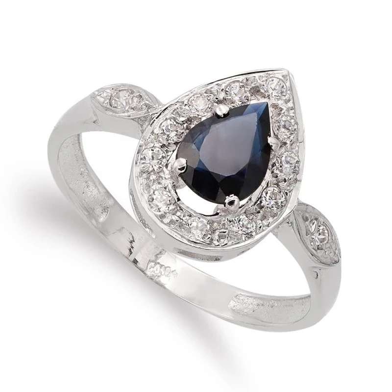 Sortija oro blanco 18k mujer cabeza forma lágrima piedra azul centro