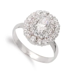 Sortija oro blanco 18k mujer cabeza ovalada circonitas 14 mm.