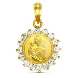 Colgante oro 18k mujer 15 mm. medalla detalle madre 16 circonitas gar