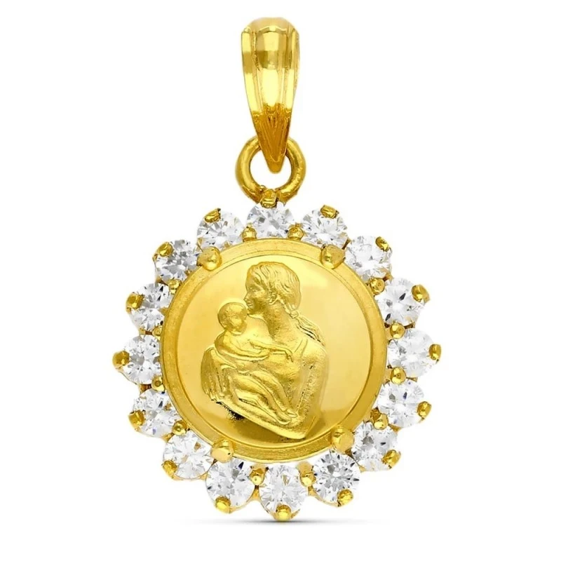Colgante oro 18k mujer 15 mm. medalla detalle madre 16 circonitas gar