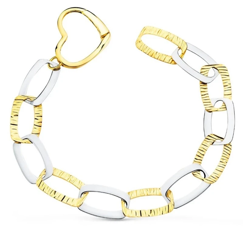 Pulsera oro bicolor 18k mujer 22 cm. eslabones grandes detalles combi