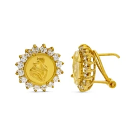 Pendientes oro 18k mujer 14 mm. circonitas borde moneda detalle madre