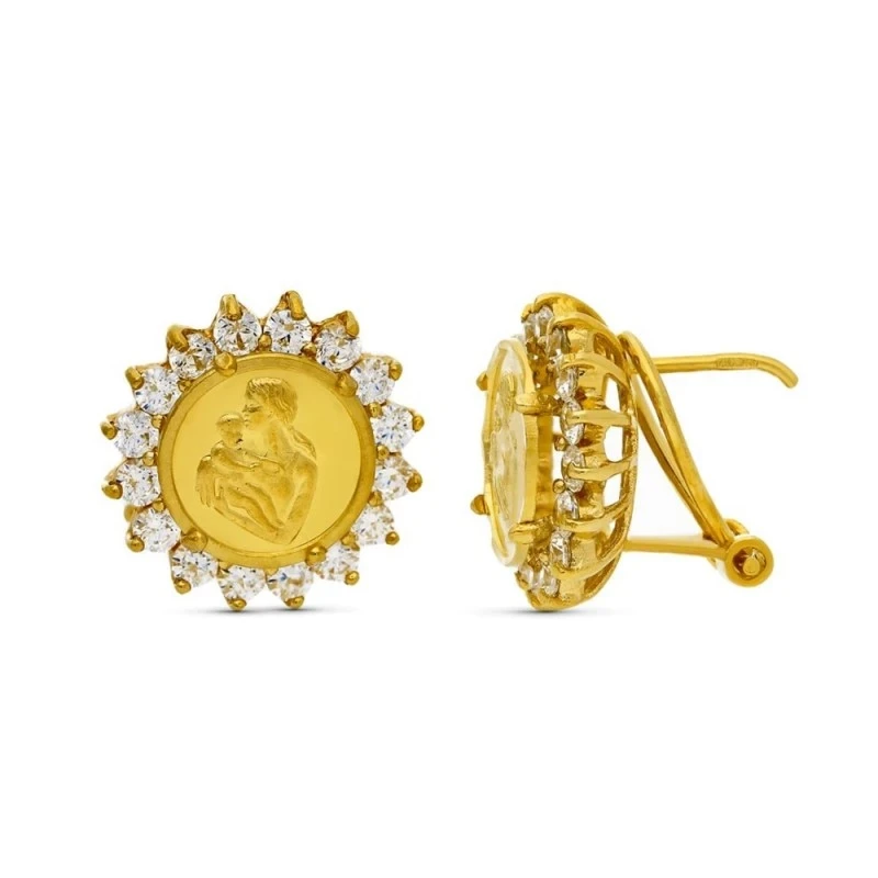 Pendientes oro 18k mujer 14 mm. circonitas borde moneda detalle madre