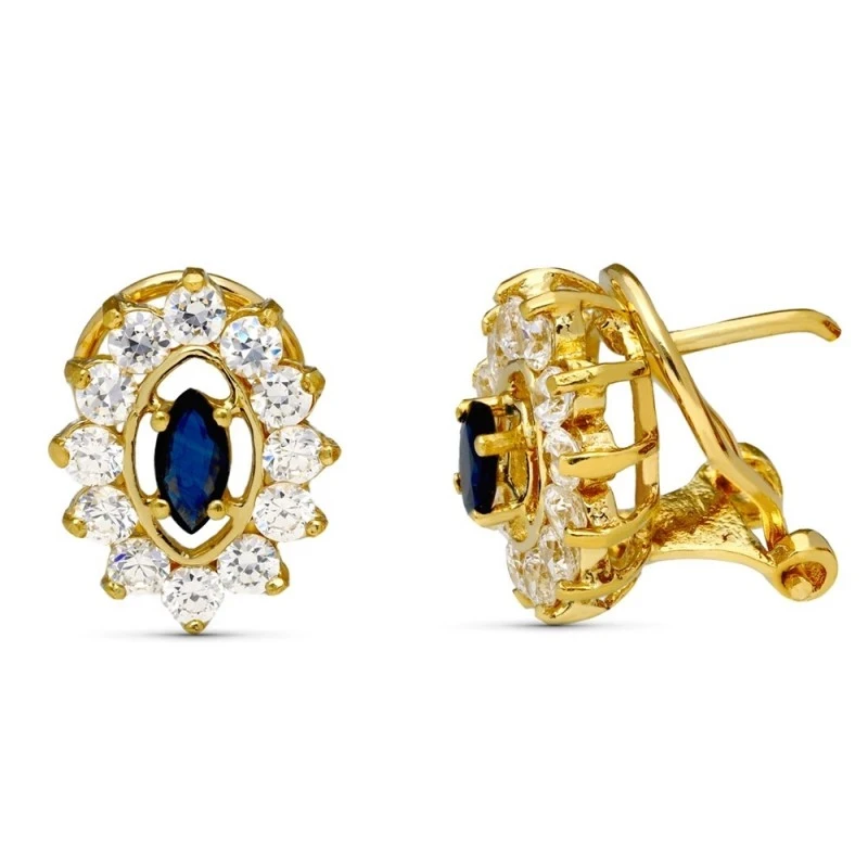 Pendientes oro 18k mujer 13 mm. ovalados circonitas borde piedra azul