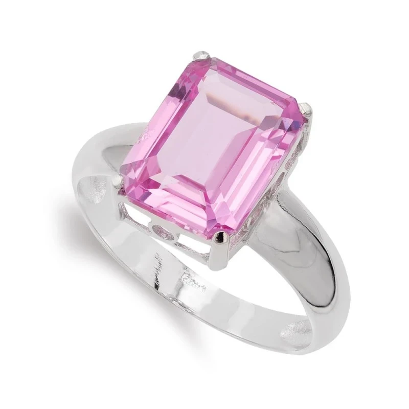 Sortija oro blanco 18k mujer cabeza rectangular piedra rosa centro