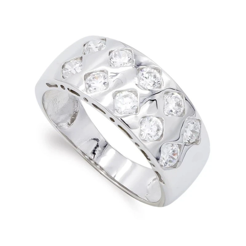 Sortija oro blanco 18k mujer rombos circonitas combinada lisa ancho m