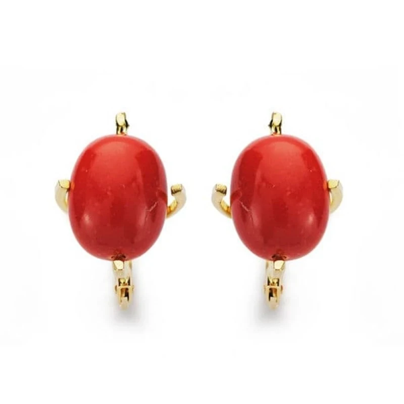Pendientes oro 18k mujer 12 mm. piedra coral centro garras