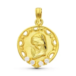 Virgen Niña medalla oro 18k colgante Primera Comunión 20 mm. circonit