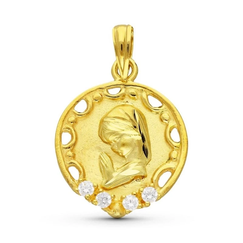 Virgen Niña medalla oro 18k colgante Primera Comunión 20 mm. circonit