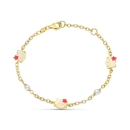 Pulsera oro 18k niña 18 cm. perlas combinadas gatos esmaltados color