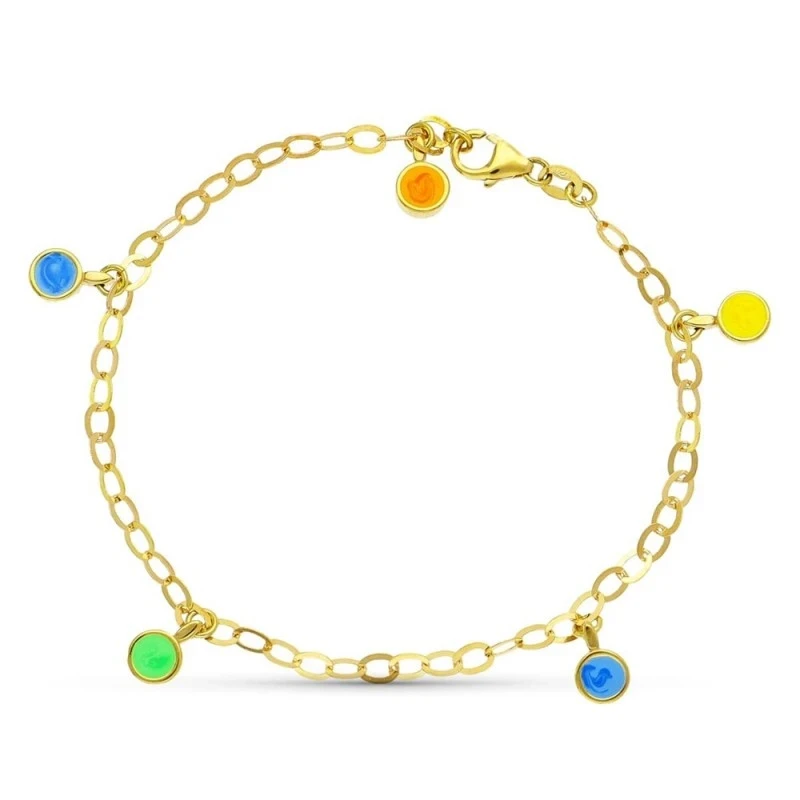 Pulsera oro 18k niña 18 cm. forzada detalle colgantes redondos colore