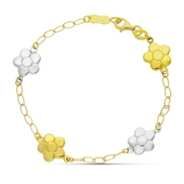 Pulsera oro bicolor 18k niña 17 cm. forzada eslabones detalles flores