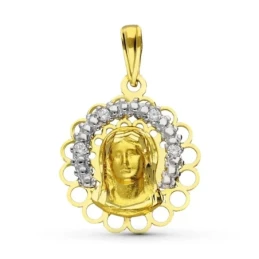 Virgen Niña medalla oro bicolor 18k colgante Primera Comunión 19 mm.