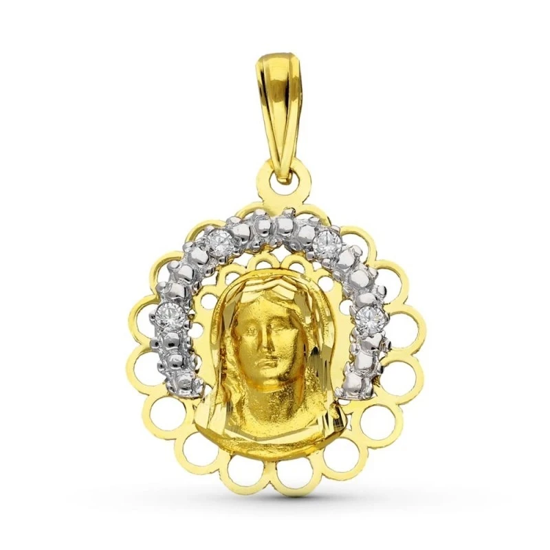 Virgen Niña medalla oro bicolor 18k colgante Primera Comunión 19 mm.