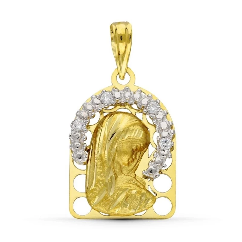 Virgen Niña medalla oro bicolor 18k colgante Primera Comunión 20 mm.