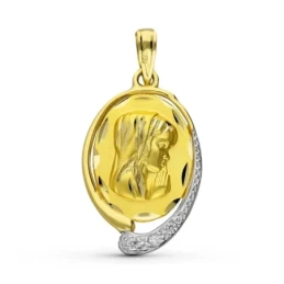 Virgen Niña medalla oro bicolor 18k colgante Primera Comunión 23 mm.