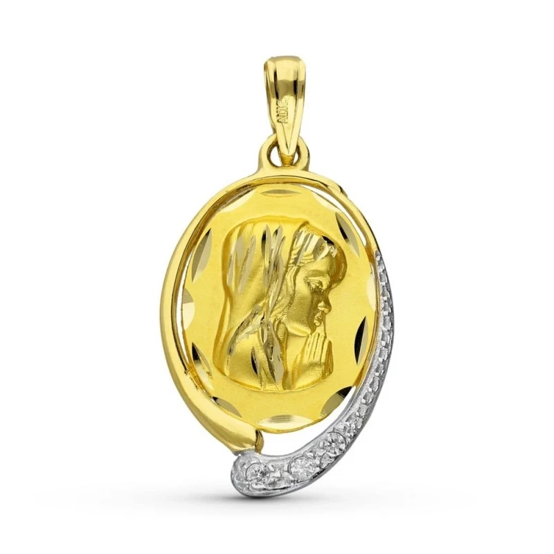 Virgen Niña medalla oro bicolor 18k colgante Primera Comunión 23 mm.