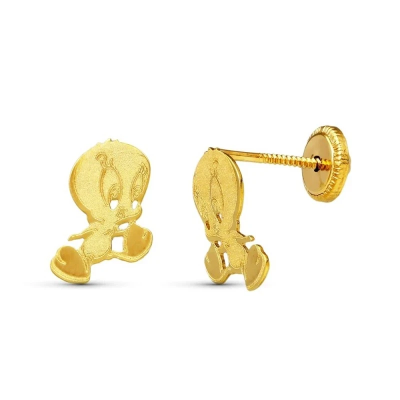 Pendientes oro 18k niña 9 mm. Piolín detalles láser tornillo