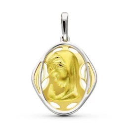 Virgen Niña medalla oro bicolor 18k colgante Primera Comunión 21 mm.