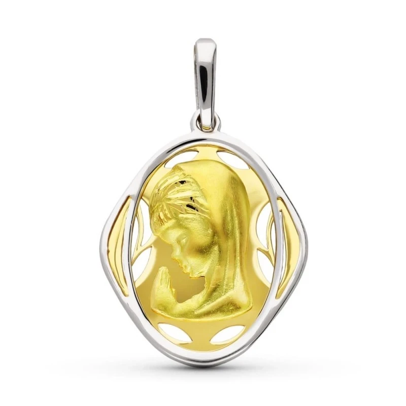 Virgen Niña medalla oro bicolor 18k colgante Primera Comunión 21 mm.