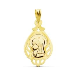Virgen Niña medalla oro 18k colgante Primera Comunión 21 mm. forma go