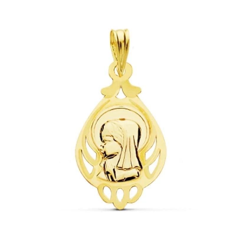 Virgen Niña medalla oro 18k colgante Primera Comunión 21 mm. forma go