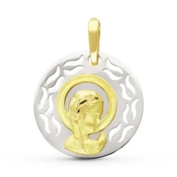 Virgen Niña medalla oro 18k colgante Primera Comunión 17 mm. redonda
